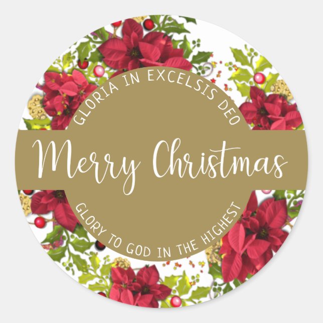 Merry Christmas Calligraphy with Pointsettia Latin Classic Round Sticker (Front)