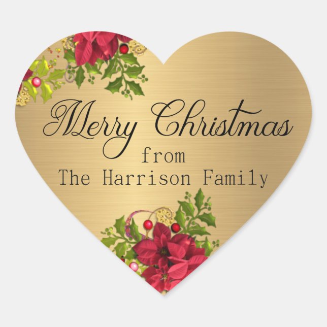 Merry Christmas Calligraphy with Pointsettias Heart Sticker (Front)