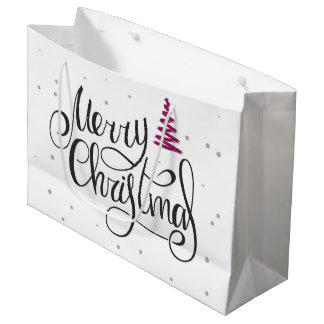 Merry Christmas Calligraphy Zigzag Tree Large Gift Bag
