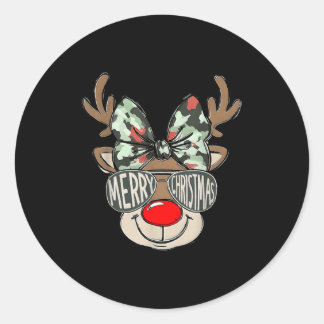 Merry Christmas Camo Reindeer Bow Girl Women Kid H Classic Round Sticker