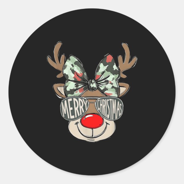 Merry Christmas Camo Reindeer Bow Girl Women Kid H Classic Round Sticker (Front)