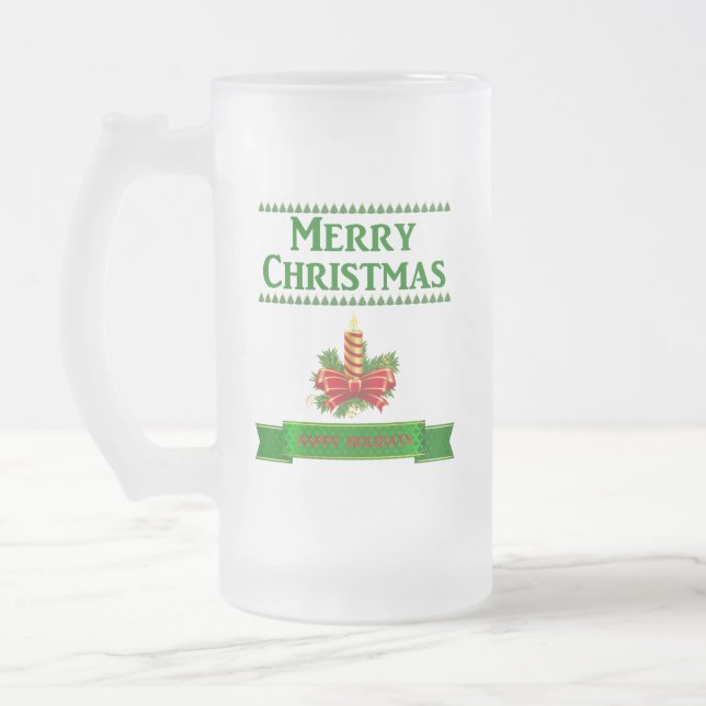 Merry Christmas Candle (grn/red) Frosted Glass Beer Mug (Left)