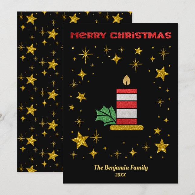 Merry Christmas Candle Stars Glitter Elegant Holiday Card (Front/Back)