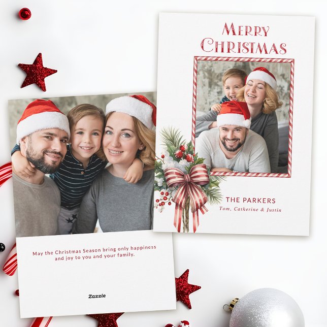 Merry Christmas Candy Cane Bow Photo Holiday Card (Creator Uploaded)