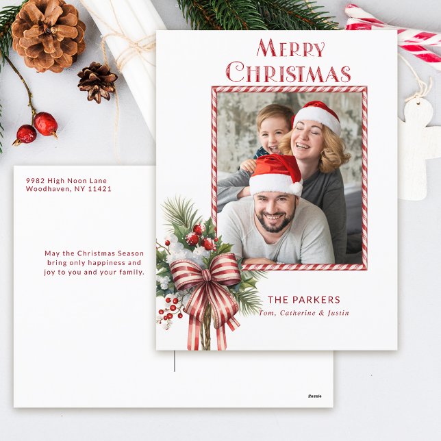 Merry Christmas Candy Cane Bow Photo Holiday Postcard (Creator Uploaded)