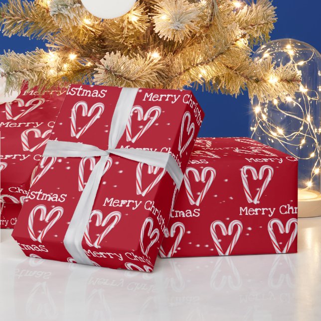 Merry Christmas Candy Cane Hearts in Snowflakes Wrapping Paper (Holidays)