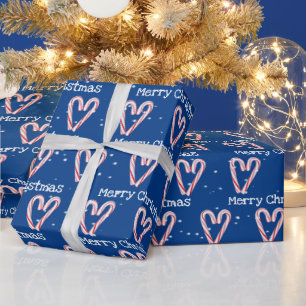 Merry Christmas Candy Cane Hearts in Snowflakes Wrapping Paper