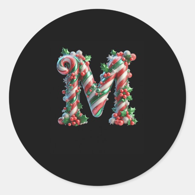 Merry Christmas Candy Cane Letter M Premium  Classic Round Sticker (Front)