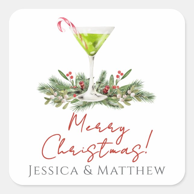 Merry Christmas Candy Cane Martini and Mistletoe Square Sticker (Front)