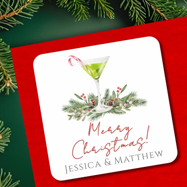 Merry Christmas Candy Cane Martini and Mistletoe Square Sticker (Creator Uploaded)