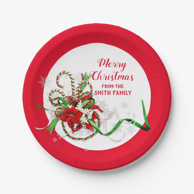 Merry Christmas Candy Cane Poinsettia Paper Plate (Front)