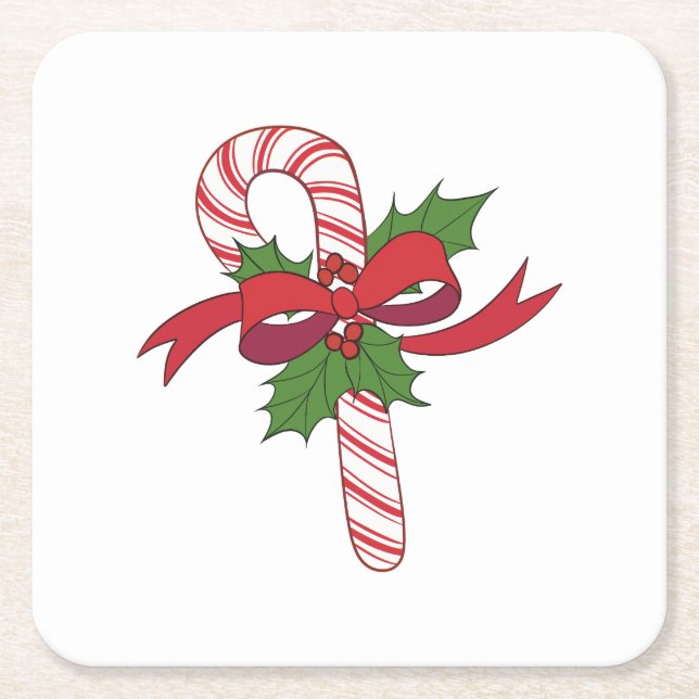 Merry Christmas Candy Cane Square Paper Coaster (Front)