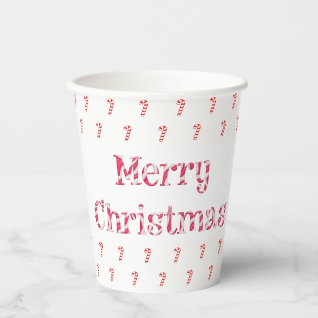 Merry Christmas Candy Cane Text and Pattern  Paper Cups (Front)