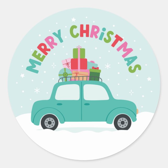 Merry Christmas Car with Gifts in Aqua Blue Classic Round Sticker (Front)