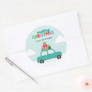 Merry Christmas Car with Gifts in Pastel Turquoise Classic Round Sticker