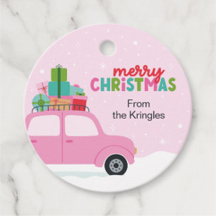 Merry Christmas Car with Gifts in Pink Custom Favour Tags