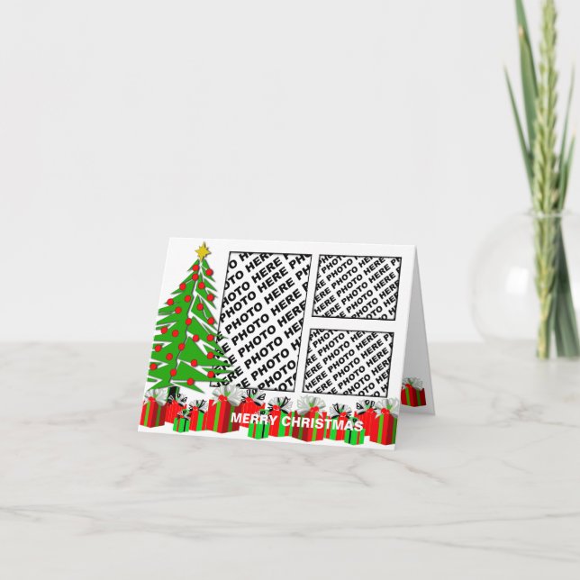 Merry Christmas Card Add 3 Photos Tree Gifts (Front)