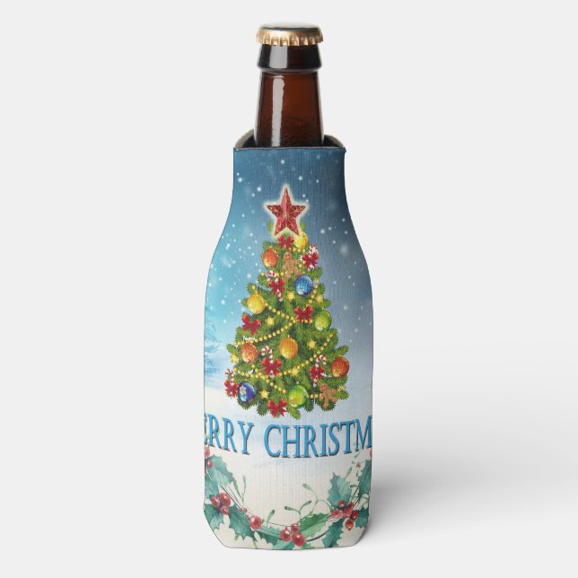 Merry Christmas card Bottle Cooler (Bottle Front)
