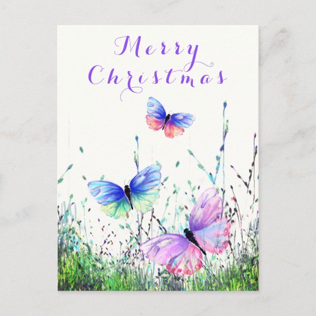 Merry Christmas Card Butterflies Flying in Nature (Front)