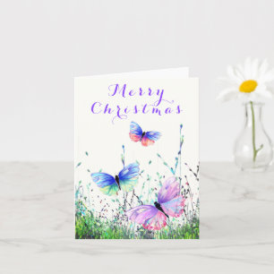 Merry Christmas Card Colourful Butterflies Flying