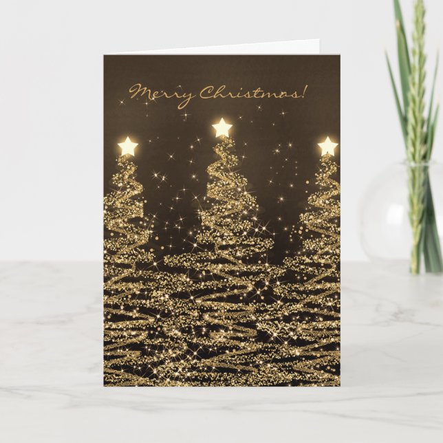 Merry Christmas Card Elegant Sparkling Trees Black (Front)