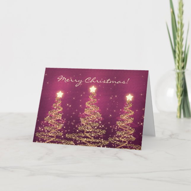Merry Christmas Card Elegant Sparkling Trees Pink (Front)