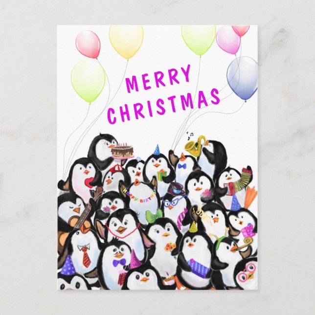 Merry Christmas Card Happy Penguins Party (Front)