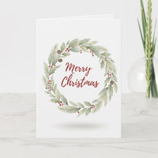 Merry Christmas Card Watercolour Greenery Wreath