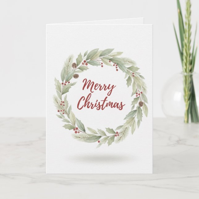 Merry Christmas Card Watercolour Greenery Wreath (Front)
