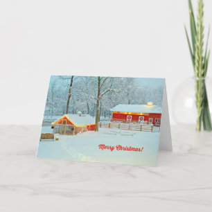 Merry Christmas Card with a Snowy Farm Scene