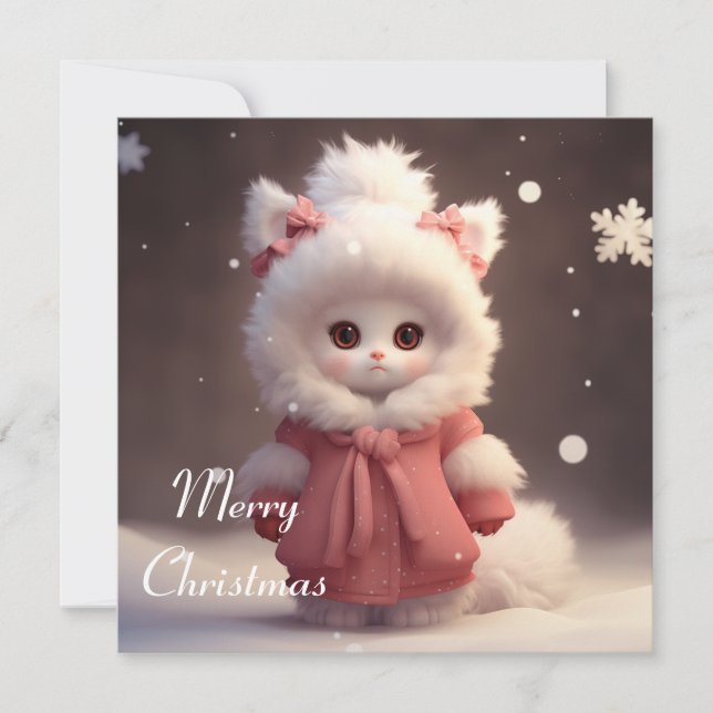 Merry Christmas Card with Adorable Cat Character (Front)