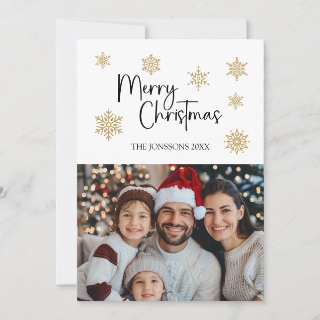 Merry Christmas Card with Photo & Gold Snowflakes (Front)