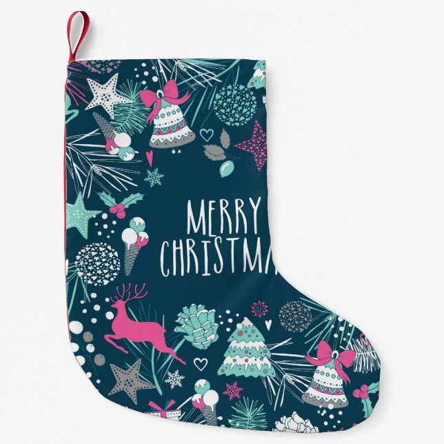 Merry Christmas card with snowflakes and Xmas symb Small Christmas Stocking (Front)