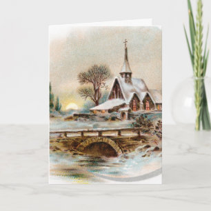 Merry Christmas Card with Vintage Church in Winter