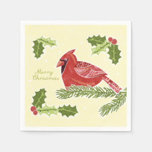 Merry Christmas Cardinal Bird on Branch with Holly Napkin