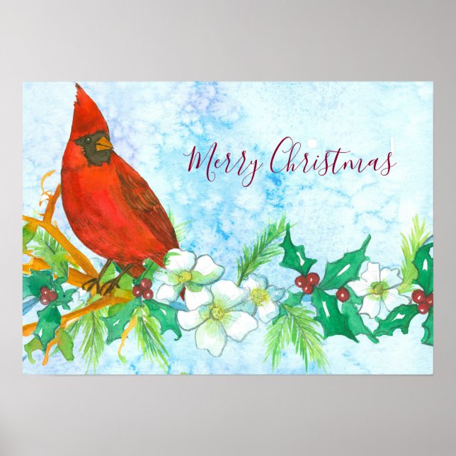 Merry Christmas Cardinal Bird Watercolor Poster (Front)