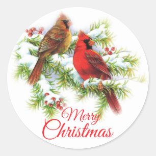 Merry Christmas Cardinal Birds In Tree Classic Round Sticker