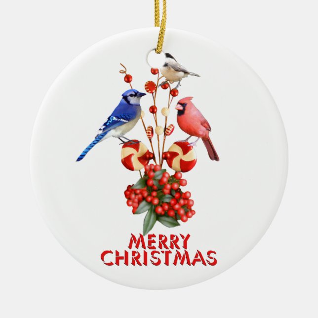 Merry Christmas Cardinal Blue Jay Chickadee Ceramic Tree Decoration (Front)