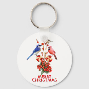 Merry Christmas Cardinal Blue Jay Chickadee Key Ring
