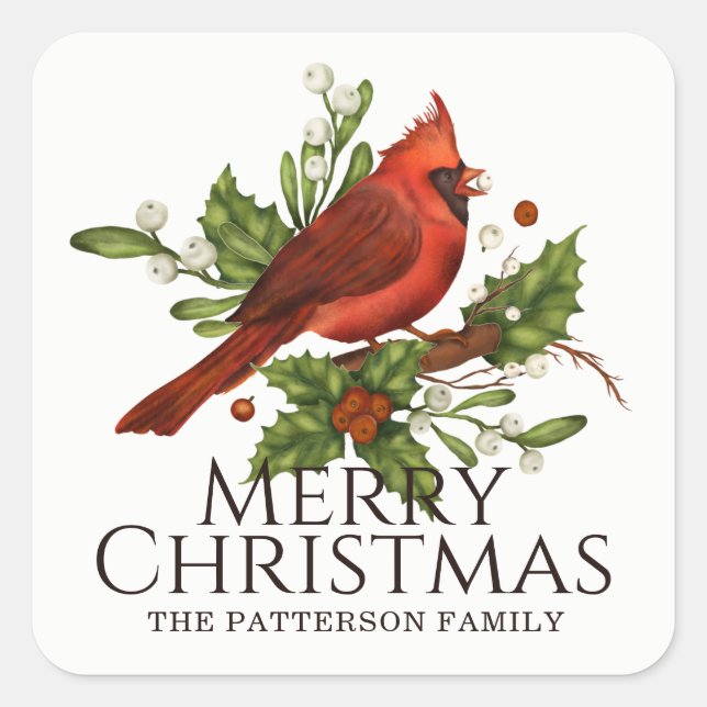 Merry Christmas Cardinal Custom Name Square Sticker (Front)