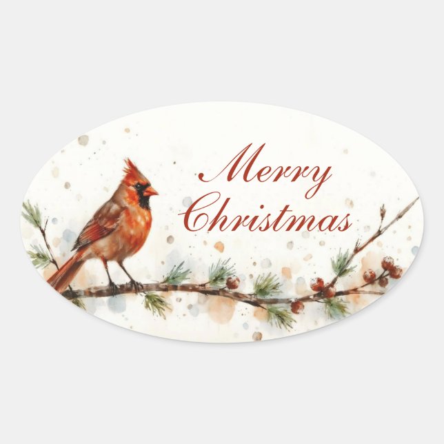 Merry Christmas Cardinal Oval Sticker (Front)