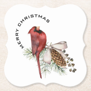 Merry Christmas Cardinal & Pine Cone Christmas  Paper Coaster