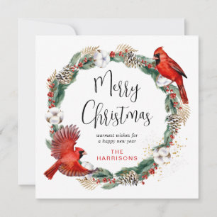 Merry Christmas Cardinal Pine Greenery Wreath Holiday Card