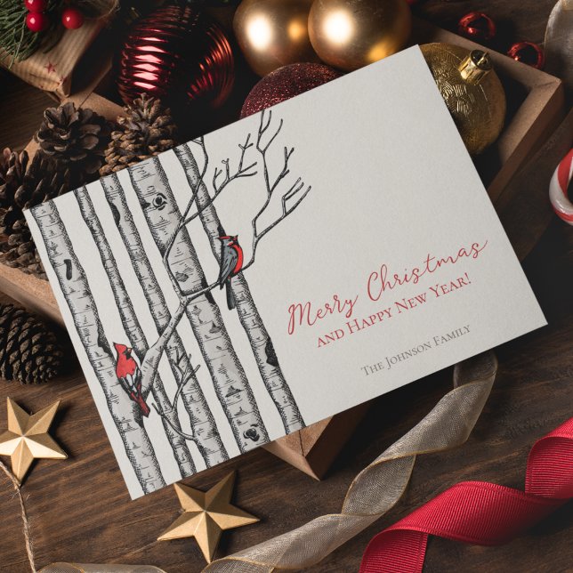Merry Christmas Cardinals Birch Branches Photo Holiday Card (Elegant & Modern Hand-Drawn Merry Christmas Red Cardinal Birds Perched on Birch Tree Branches.)