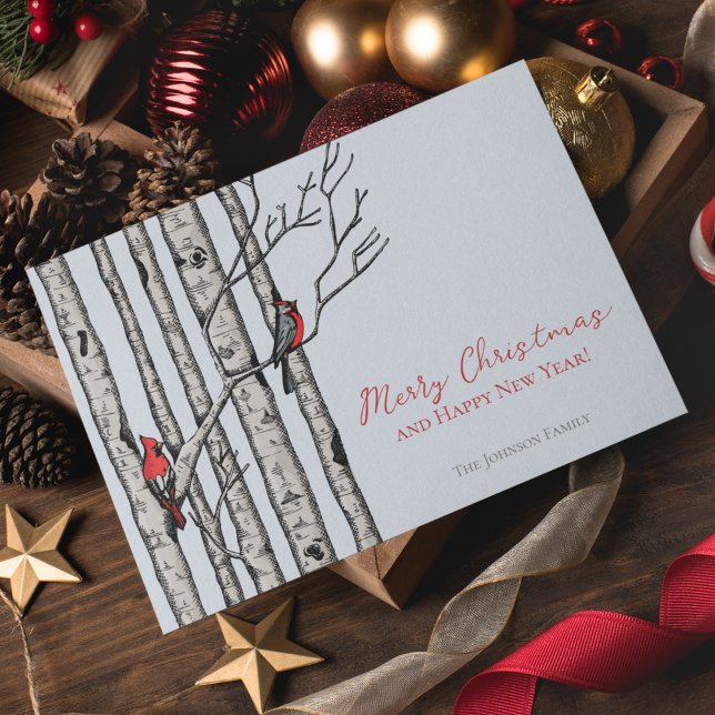 Merry Christmas Cardinals Birch Branches Photo Holiday Card (Elegant & Modern Hand-Drawn Merry Christmas Red Cardinal Birds Perched on Birch Tree Branches.)