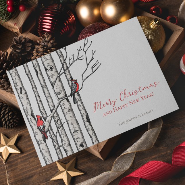 Merry Christmas Cardinals Birch Branches Photo Holiday Card (Elegant & Modern Hand-Drawn Merry Christmas Red Cardinal Birds Perched on Birch Tree Branches.)