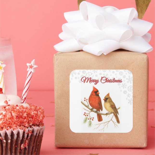 Merry Christmas Cardinals & Snowflake Holiday  Square Sticker (Party)