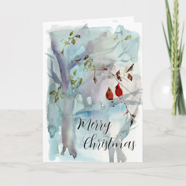 Merry Christmas Cardinals Winter Forest Watercolor Card (Front)