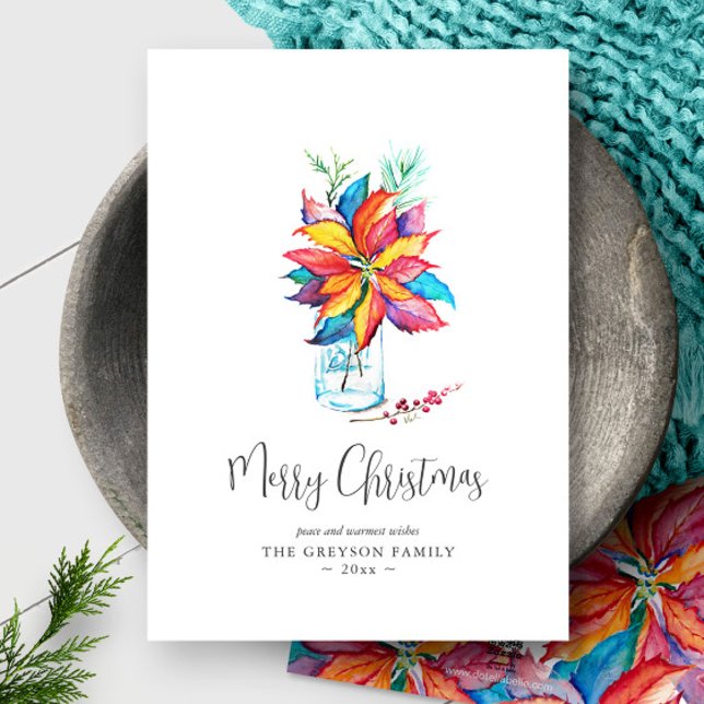 Merry Christmas Cards Vibrant Watercolor Botanical (Christmas card unique colorful watercolor poinsettia art by Victoria Grigaliunas of Do Tell A Belle)