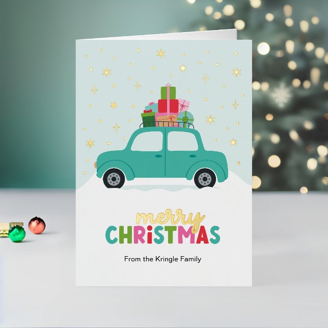 Merry Christmas Cars with Gifts in Aqua Blue Foil Holiday Card (Holiday In Situ 2)